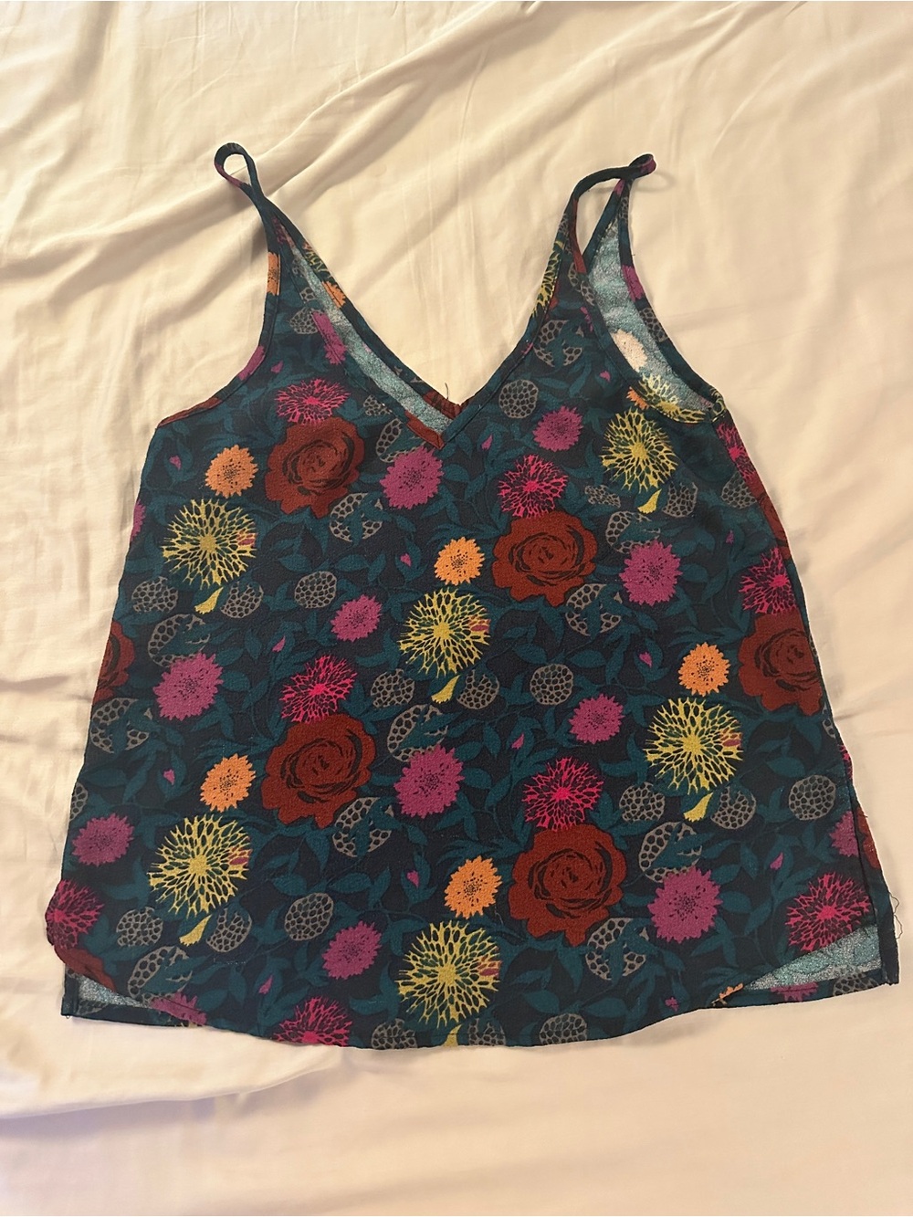American Apparel Teal Floral V-Neck Spaghetti Strap Camisole